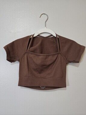 OQQ Brown Ribbed Short Sleeve Double-Strap Crop Top